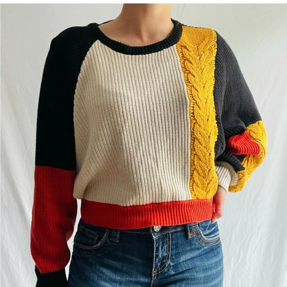 Moon Madison Sweater Colorblock Mixed Media Cable Knit Long Sleeve Cropped M - Picture 1 of 8